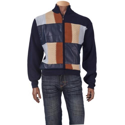 Inserch Navy Blue / Cream / Sky Blue / Rust PU Leather / Knitted Zip-Up Sweater With Navy Blue PU Leather Elbow Patch 439